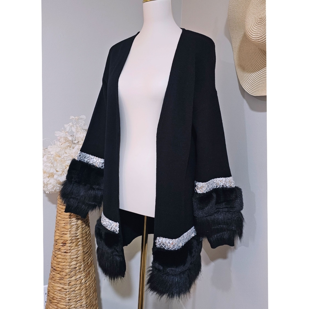 Bognar Blu Black Open Front Long Cardigan With Faux Fur & Sequin Trim Sweater